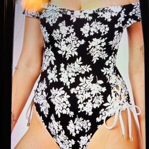 Bar III Black and White Floral Off-Shoulder One-Piece